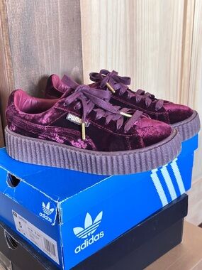 Puma Velvet Platform Sneakers in Deep Burgundy with Gold Accents